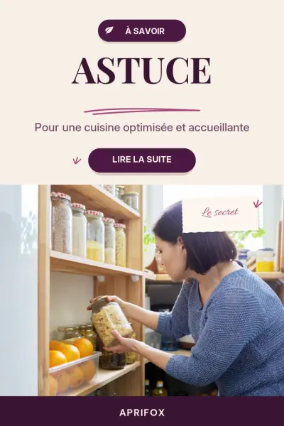 Pin intitulé « Astuce » : une femme range des bocaux dans une cuisine ; le texte de l’image ne précise pas le sujet.