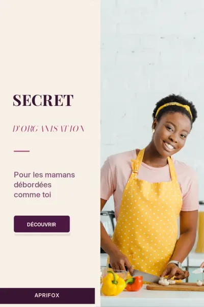 Pin « Secret d’organisation » : une femme souriante prépare des légumes.